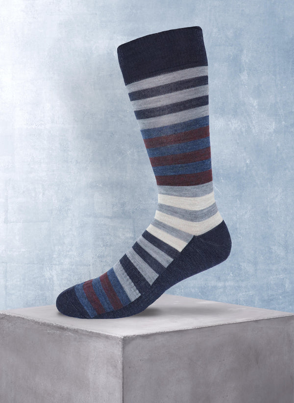 Merino Wool Multi Stripe Cushion Foot Sock in Denim with light grey, denim, brown and ivory thick stripe