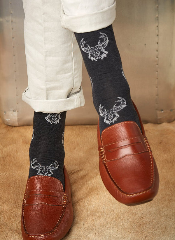 Tattoo Deer Sock in Cotton Charcoal with brown leather loafers