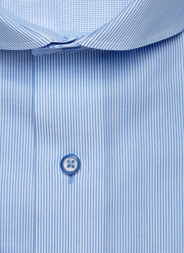 blue button on blue stripe shirt
