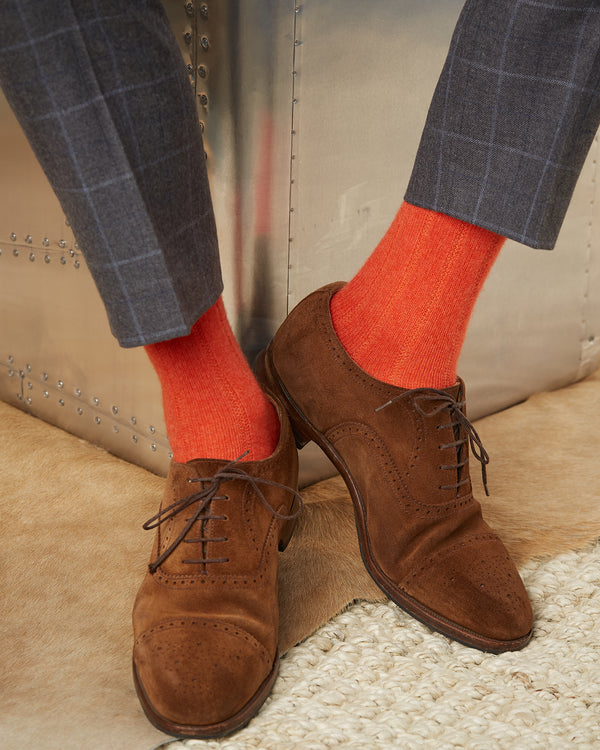 75% Cashmere Rib Sock in Garnet Orange on Suede Oxford Shoes