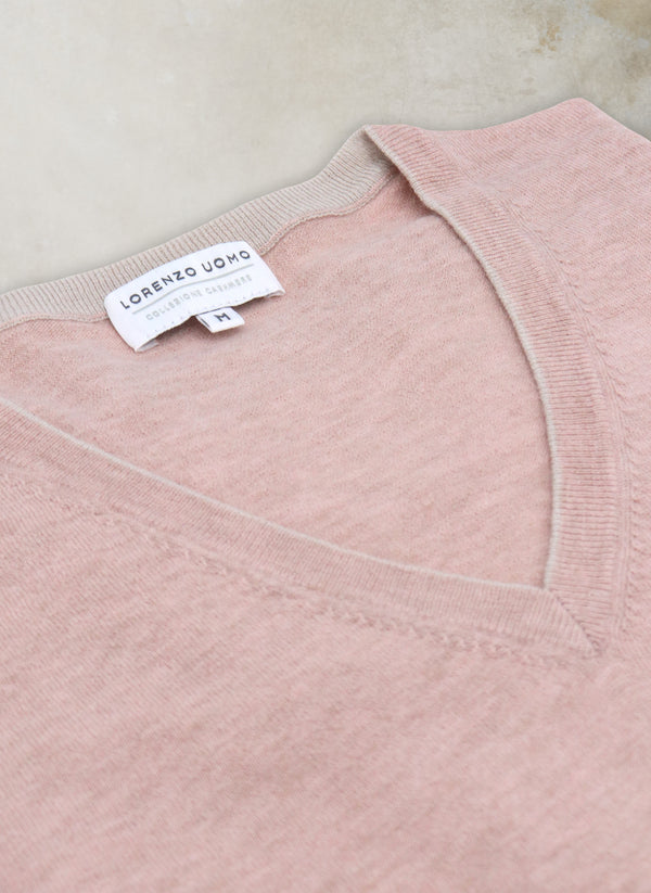 Contrast V-Neck Cashmere Sweater in Dusty Pink
