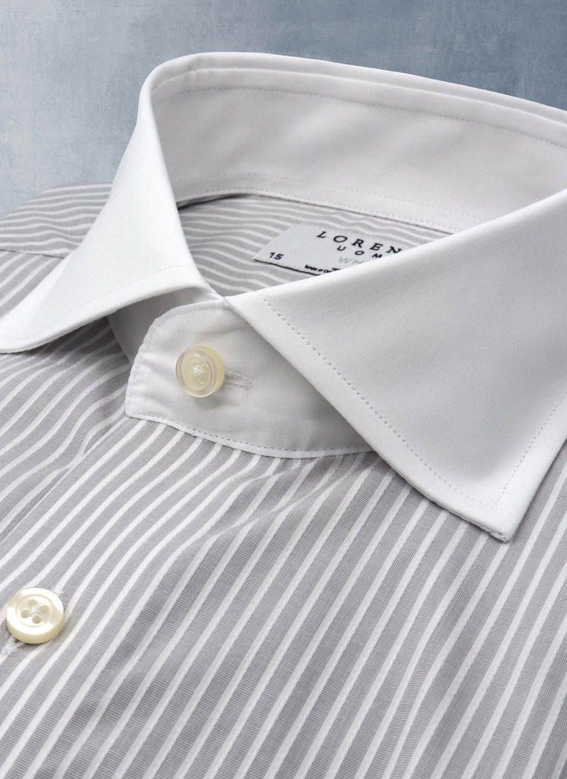 white collar detail of grey and white stripe shirt