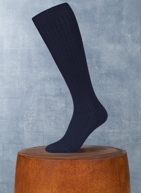 Ribbed Egyptian Cotton Long Sock in Navy