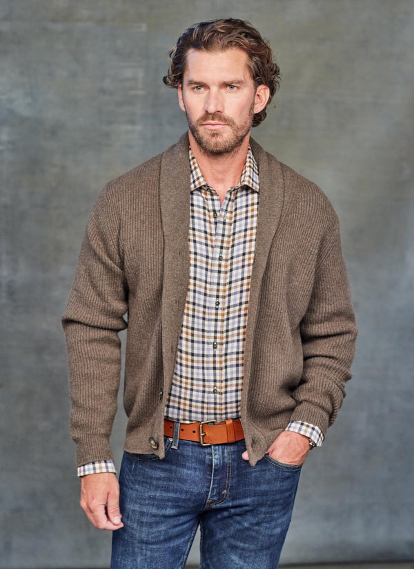 Men's Telluride Cashmere Rib Button Cardigan Sweater in Ranch Brown Heather