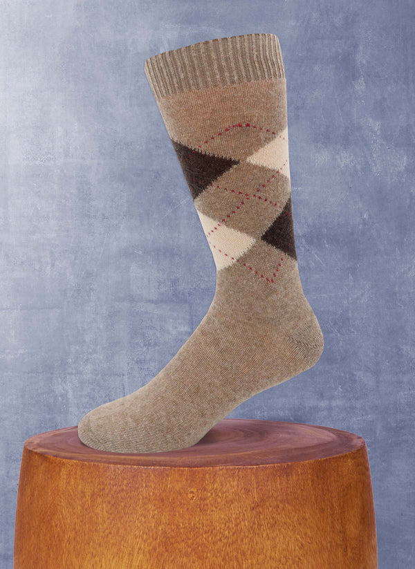 Cashmere Argyle Sock in Heather Taupe with Oatmeal and Brown
