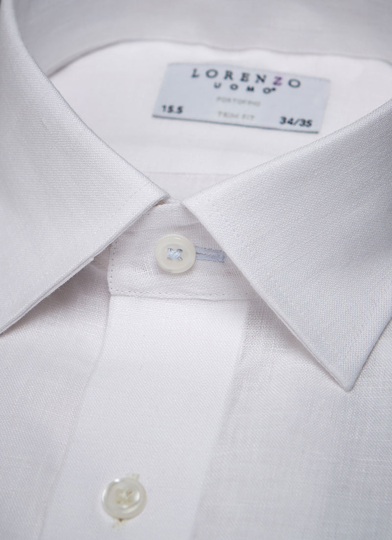 collar detail of white linen shirt with white buttons and light blue button holes and button threads