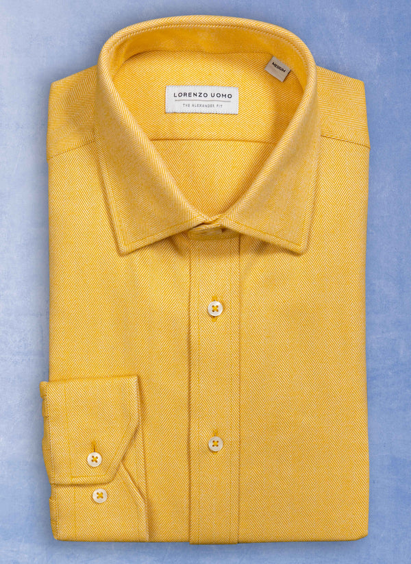 Sport Shirt in Solid Yellow Herringbone