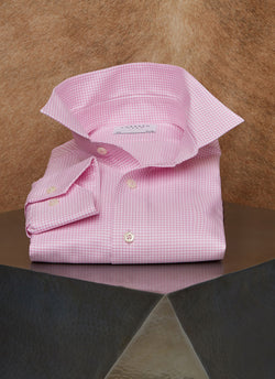  Pink Gingham Shirt on stool with pop collar