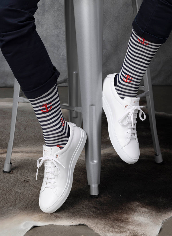 Anchor and Stripes Sock in Navy on white leather sneakers