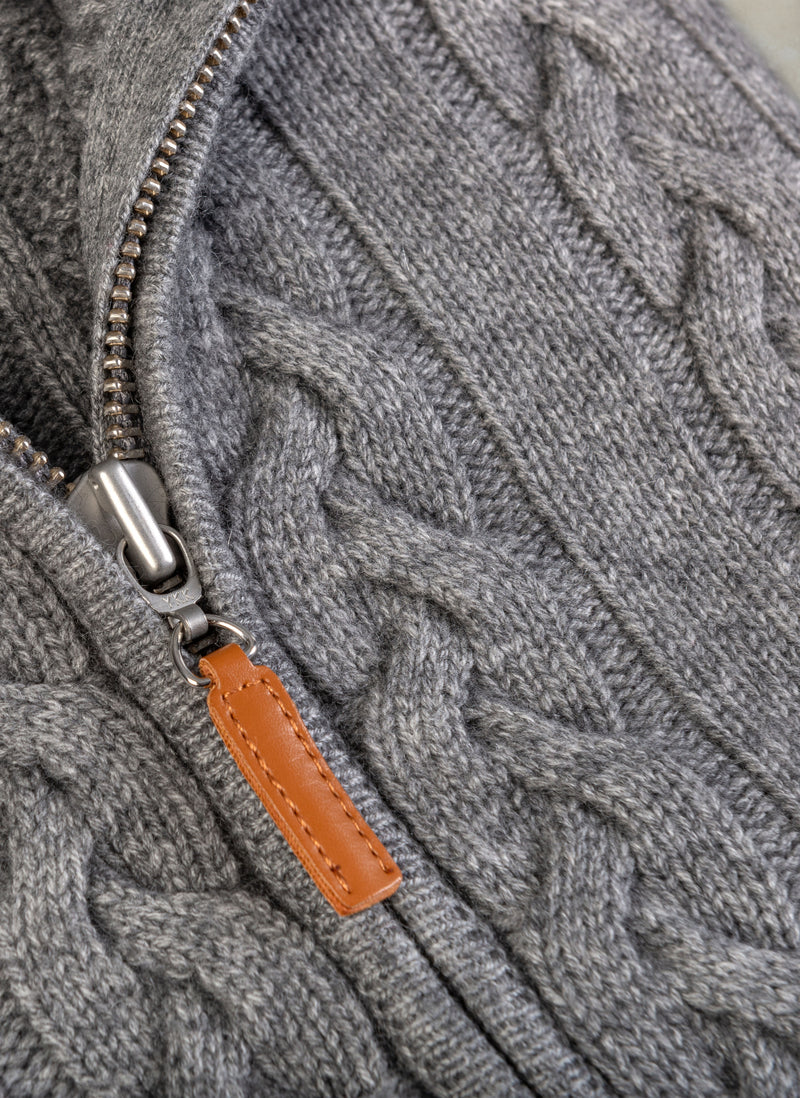 zipper detail of men's aspen cable full zip cashmere sweater in heather grey