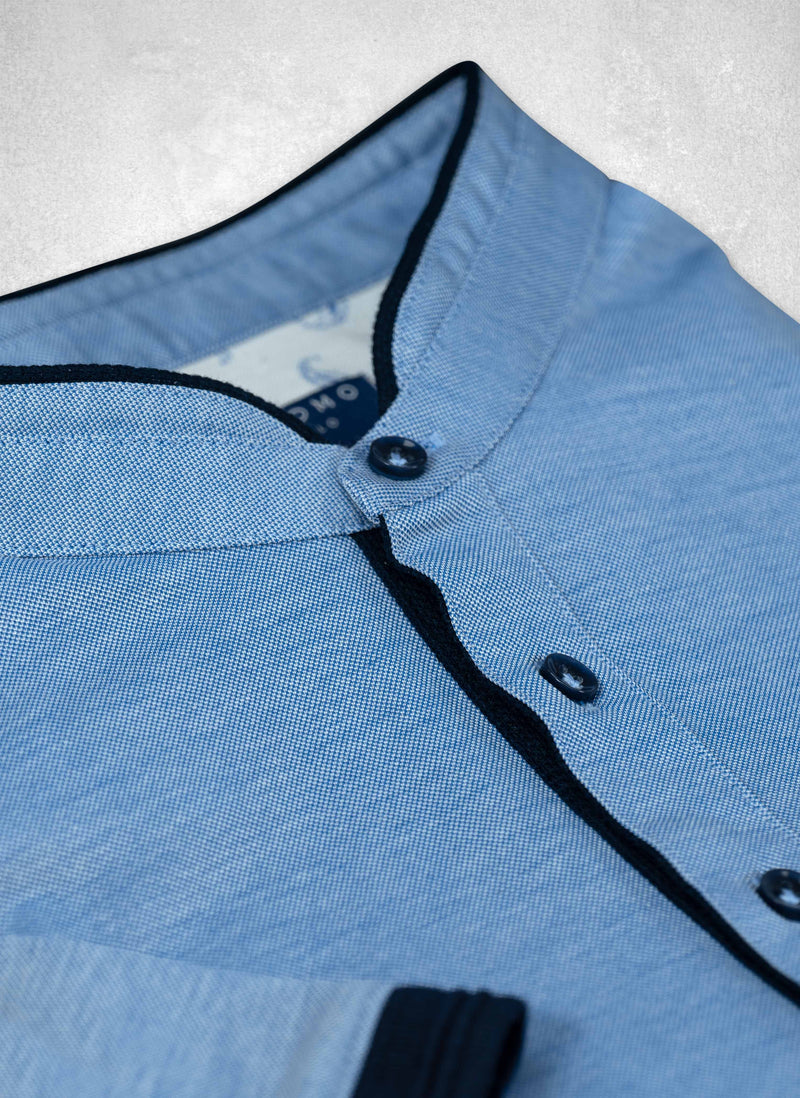 Perfect Polo Shirt with Band Collar in Azure Blue Collar 