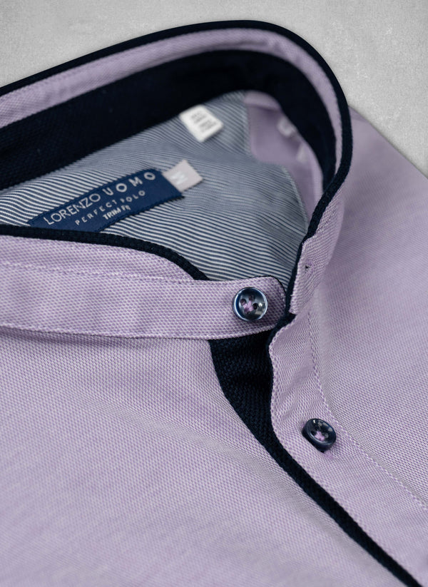 Polo Shirt with Band Collar in Lavender Collar Close Up