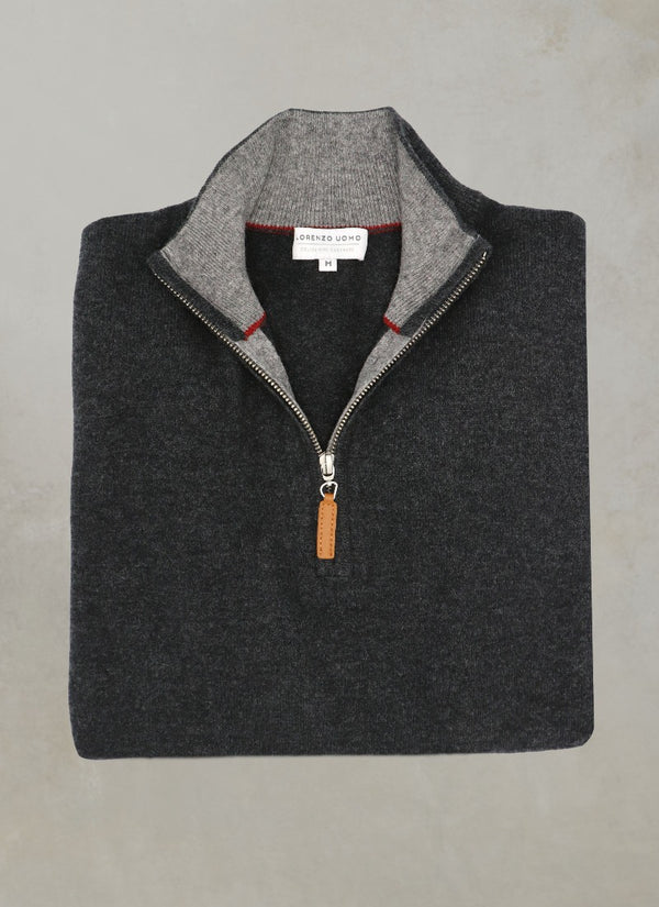 flat lay image of a solid quarter zip cashmere sweater in heather dark grey with light grey contrasting inside of collar