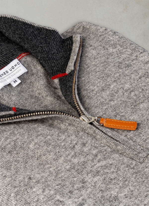 Men's Madison Quarter Zip Cashmere Sweater in Light Grey Heather zipper detail