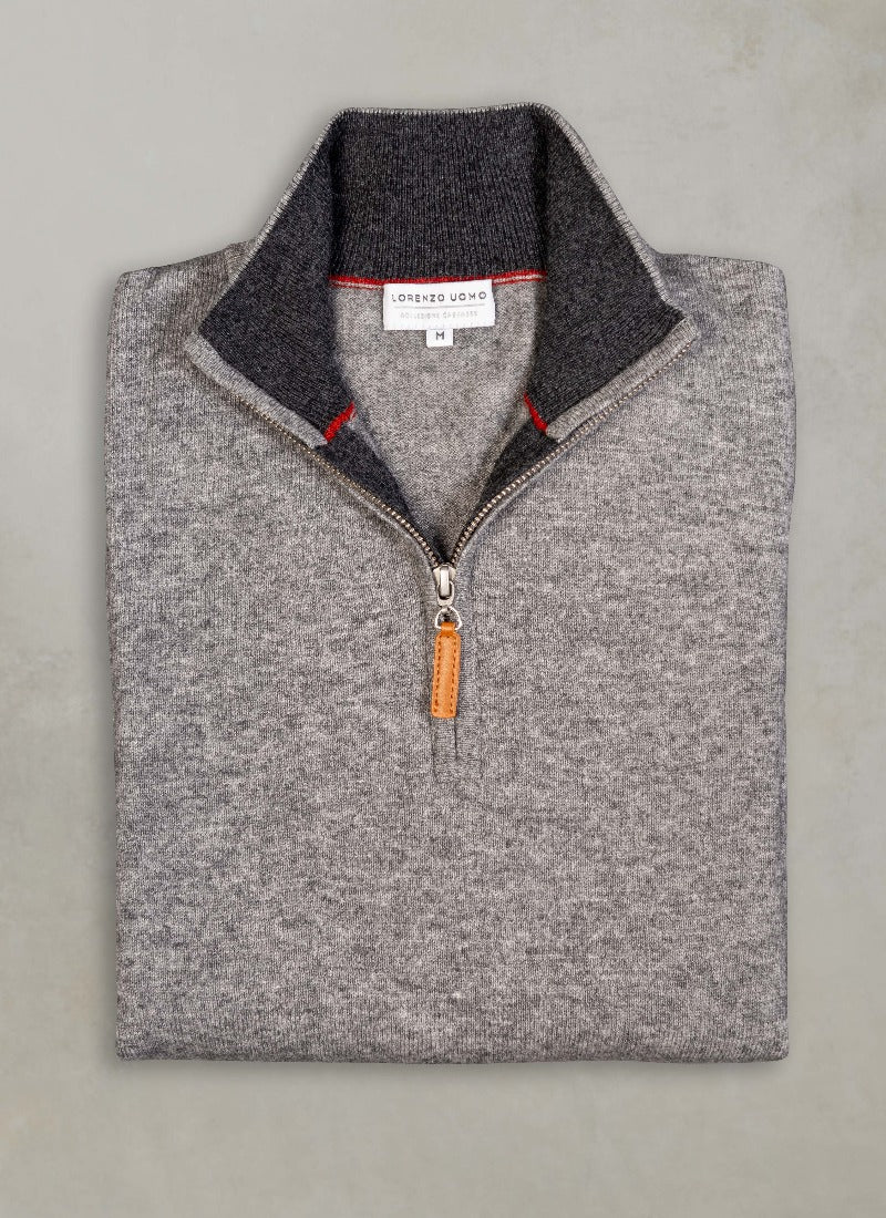 flat lay image of a solid quarter zip cashmere sweater in light  grey with light grey contrasting inside of collar