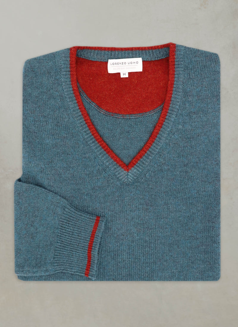 Men's Edelweiss V-Neck Cashmere Sweater in Teal Heather