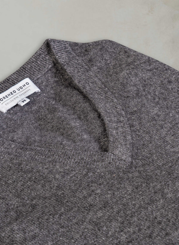 angle image of cashmere v-neck sweater in charcoal heather