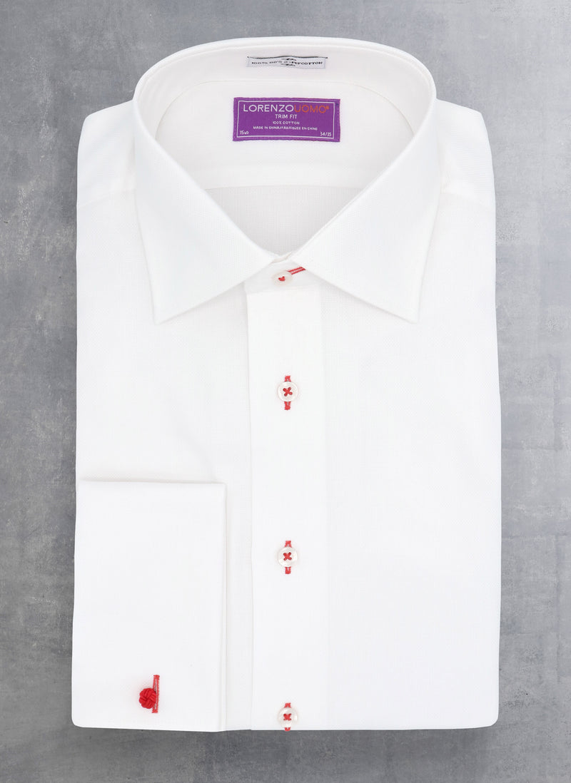 white french cuff shirt with red button hole and thread as well as a red silk knot