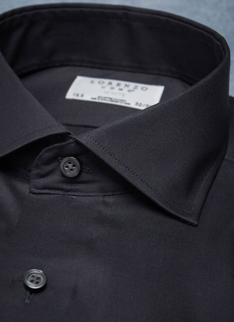 collar detail of black poplin shirt with black buttons, button holes and button threads