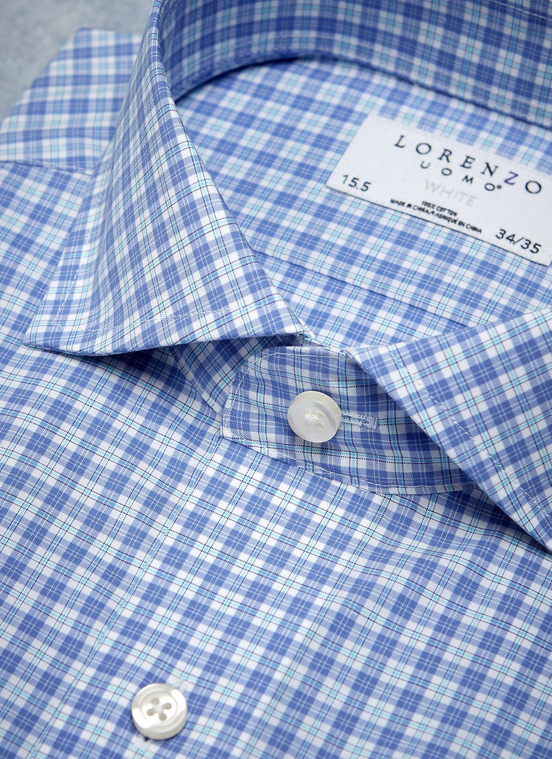 collar detail of blue multicheck shirt