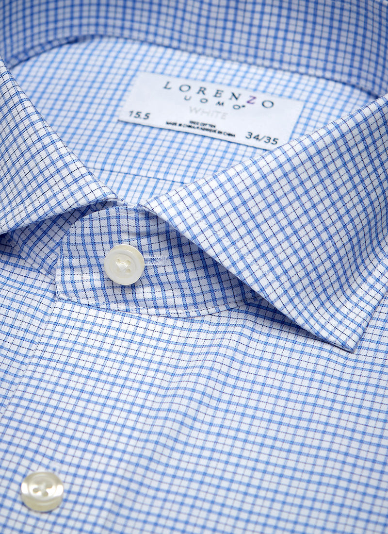 collar detail of blue gingham shirt with white buttons