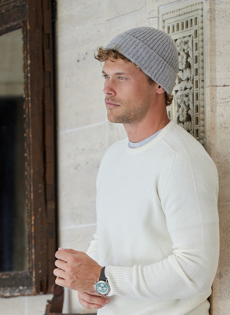 Pure Cashmere Unisex Rib Beanie in Light Grey Featuring our Tollegno Sweater in Ivory 