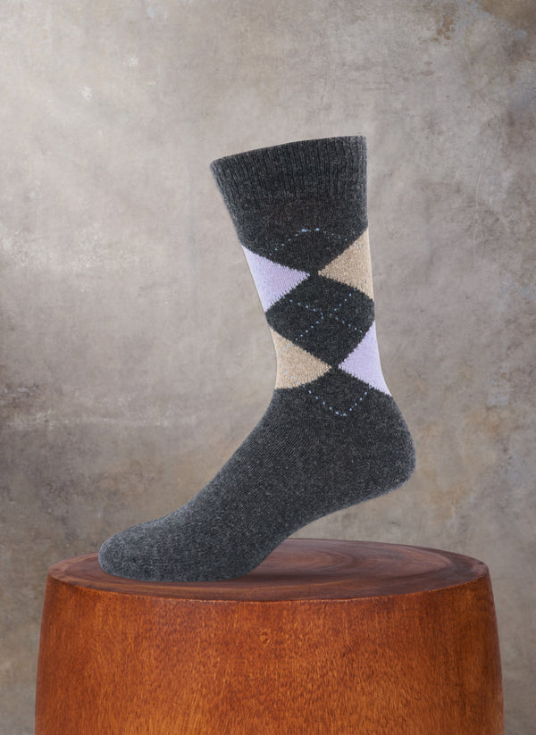 Cashmere Argyle Sock in Charcoal with Lavender and Taupe