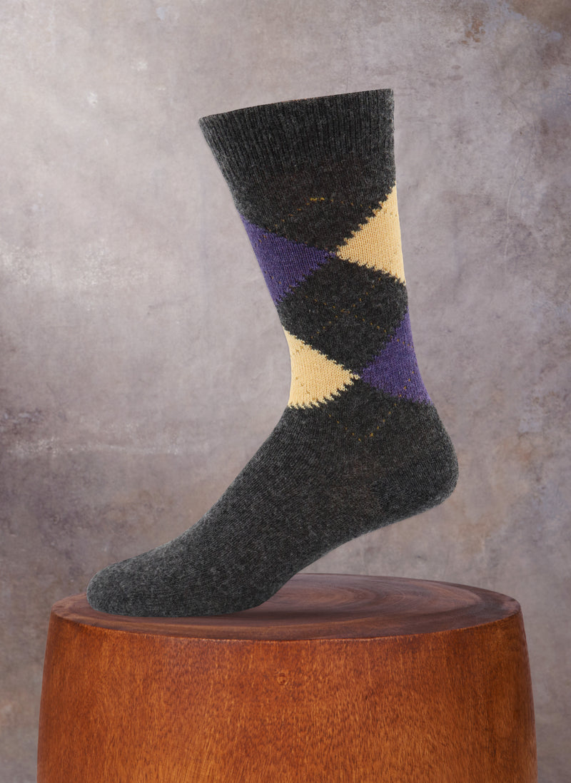 Cashmere Argyle Sock in Charcoal Heather with Yellow and Purple