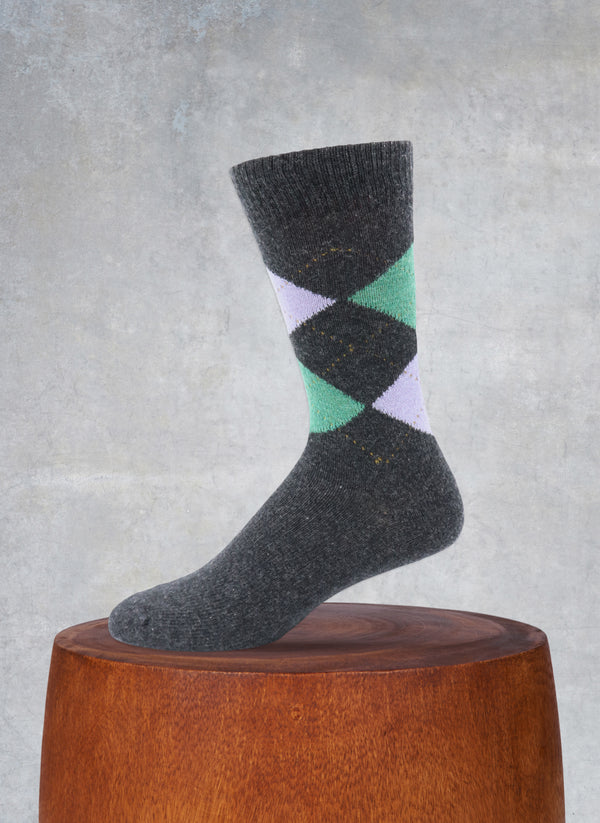 Cashmere Argyle Sock in Charcoal Heather with Green and Lavender