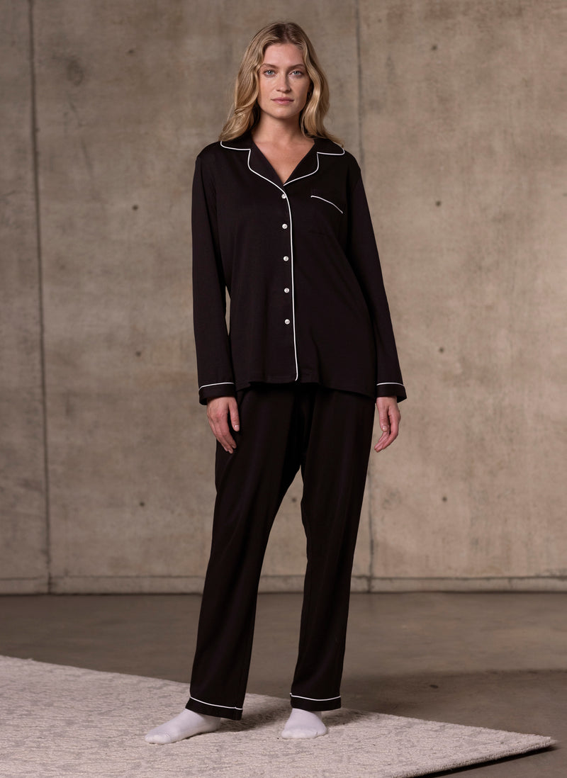 Women's Supima Cotton Long Sleeve Top and Bottom Pajama Set in Black, L Women's Supima Cotton Long Sleeve Top and Bottom Pajama Set in Black, L