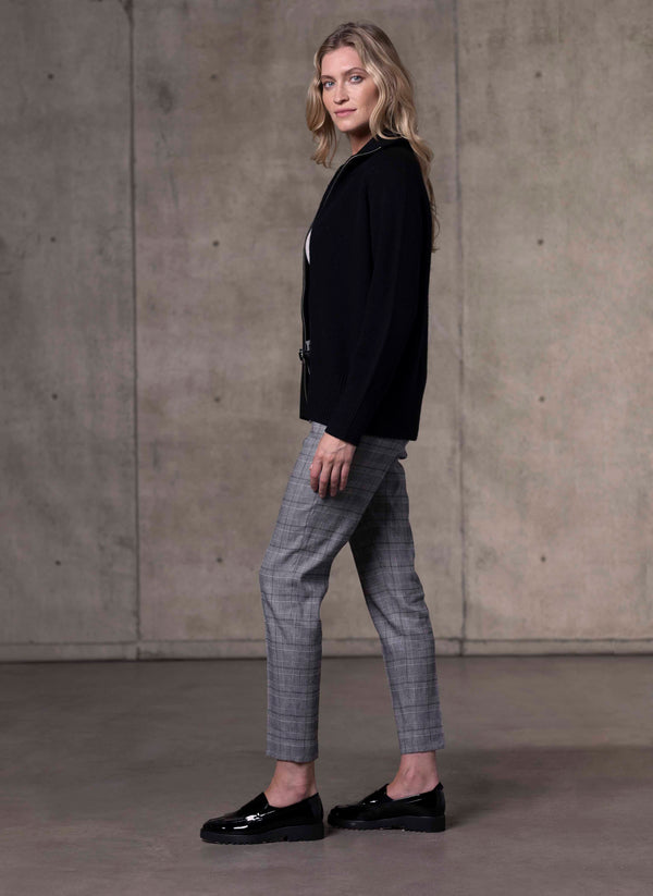 Side image of model wearing Women's Francesca Double End Zip Cashmere Cardigan Sweater in Black