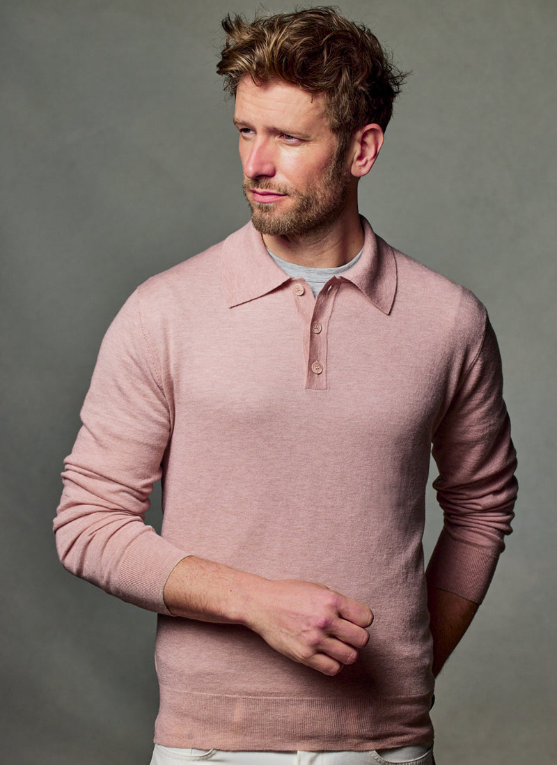 Men's Carrara Long Sleeve Cashmere Polo Shirt in Light Pink M Men's Carrara Long Sleeve Cashmere Polo Shirt in Light Pink M