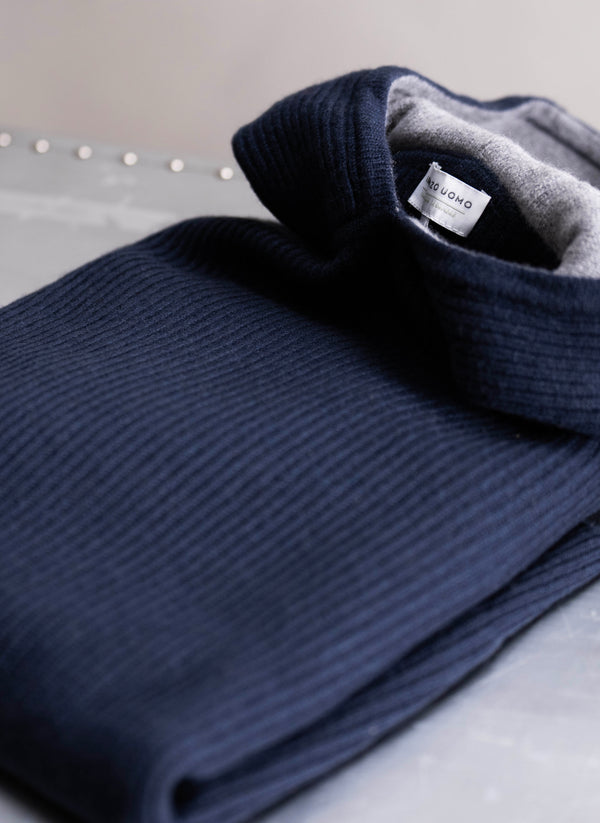 Men's Zermatt Plush & Luxurious Cashmere Ribbed Hoodie Sweater in Navy