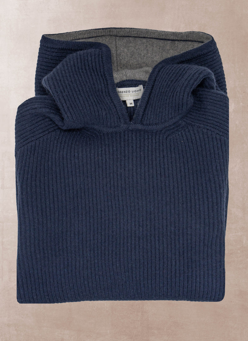 Men's Zermatt Plush & Luxurious Cashmere Ribbed Hoodie Sweater in Navy