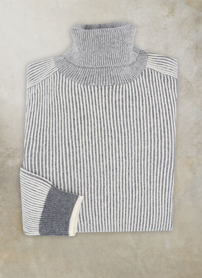 flat lay image of men's striped turtleneck cashmere sweater in light grey