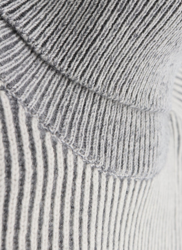 detailed image of striped turtleneck cashmere sweater in light grey and ivory