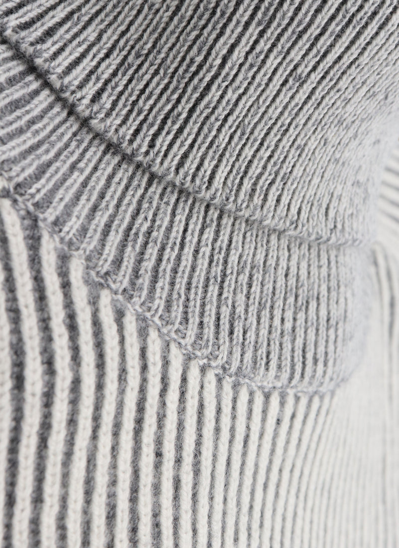 detailed image of striped turtleneck cashmere sweater in light grey and ivory