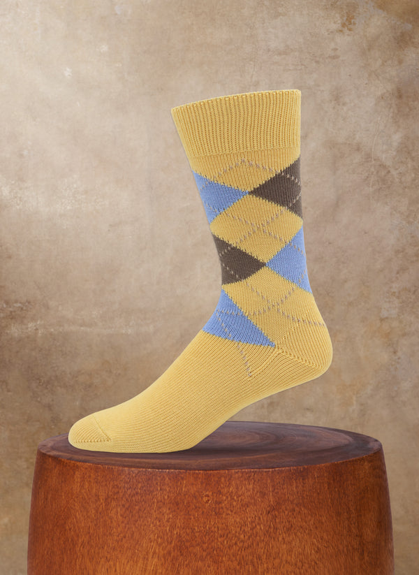 Argyle Cotton Sock in Yellow with Light Blue and Taupe