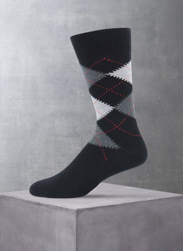 Argyle Cotton Sock in Black with Charcoal and Light Grey