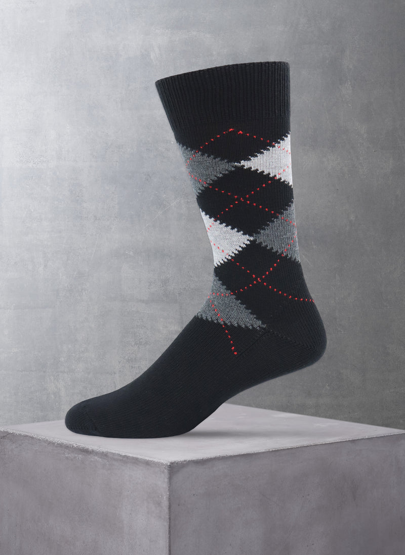 Argyle Cotton Sock in Black with Charcoal and Light Grey
