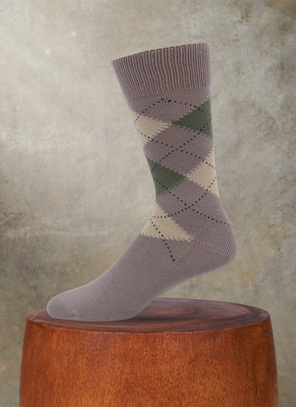 Argyle Cotton Sock in Taupe with Beige and Olive Green
