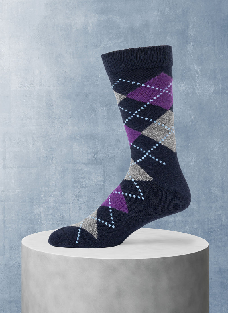 Cashmere Blend Argyle Sock in Navy with Purple and Grey