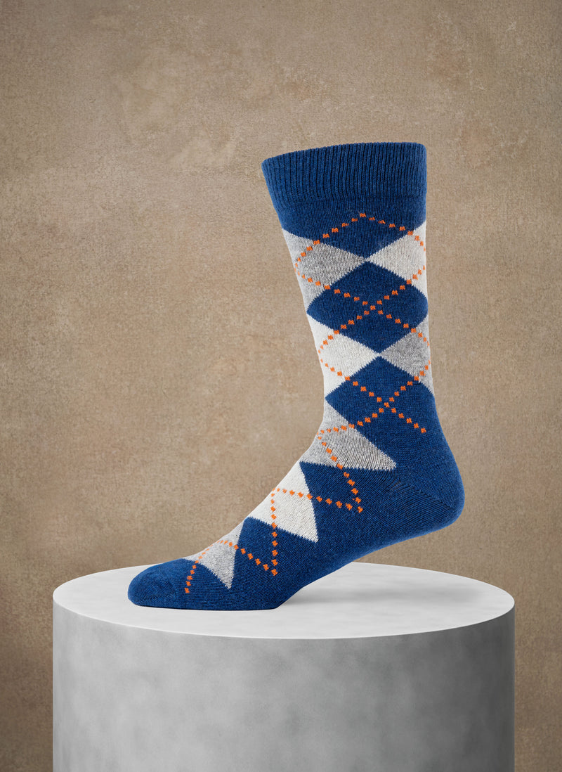 Cashmere Blend Argyle Sock in Denim with Ivory and Light Grey