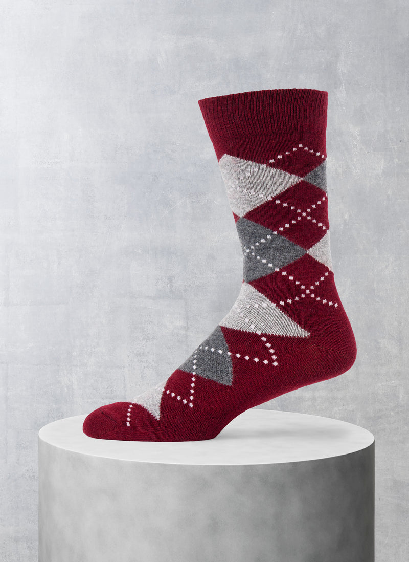 Cashmere Blend Argyle Sock in Red with Charcoal and Light Grey