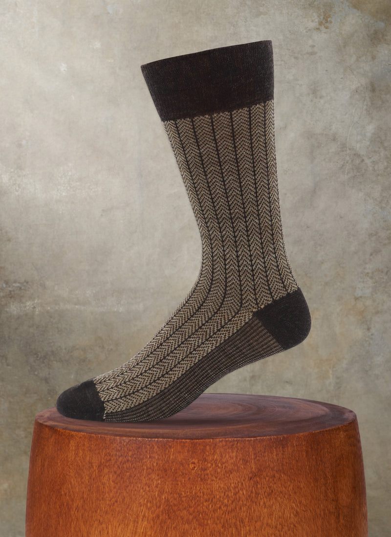 Merino Wool Herringbone Sock in Brown and Taupe