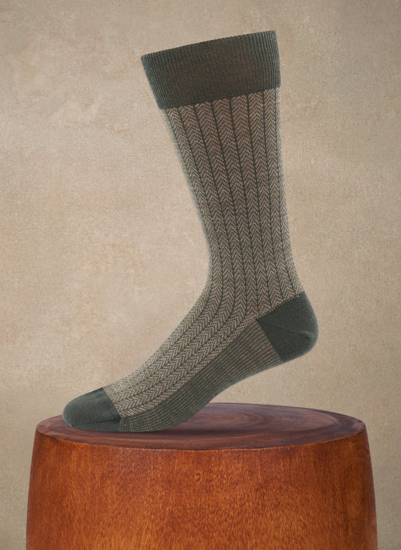 Merino Wool Herringbone Sock in Olive and Taupe