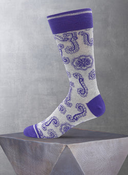 Bandana Paisley Cotton Sock in Light Grey and Purple