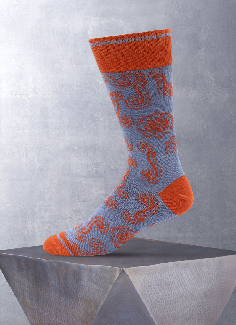 Bandana Paisley Cotton Sock in Denim and Orange