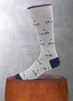 Dog Riding Bike Sock in Grey with navy blue heel and toe