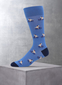 Dog On Bicycle Sock in Blue with navy blue heel and toe